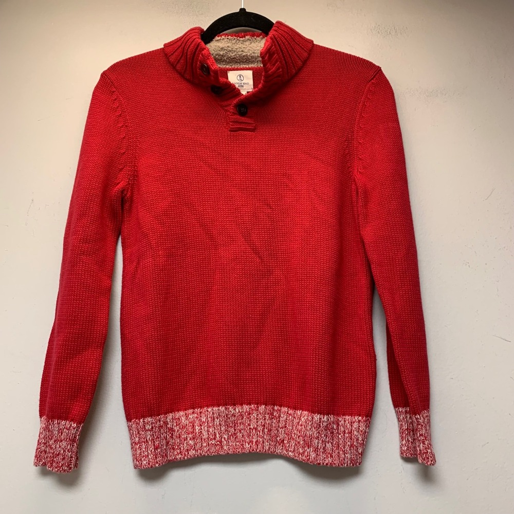 Lands' End Sweater Kids M 10-12 Red NEW Holiday Button Mock Neck Deep Scarlet
